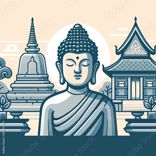 cartoon illustration of a Buddha statue with temples and shrines