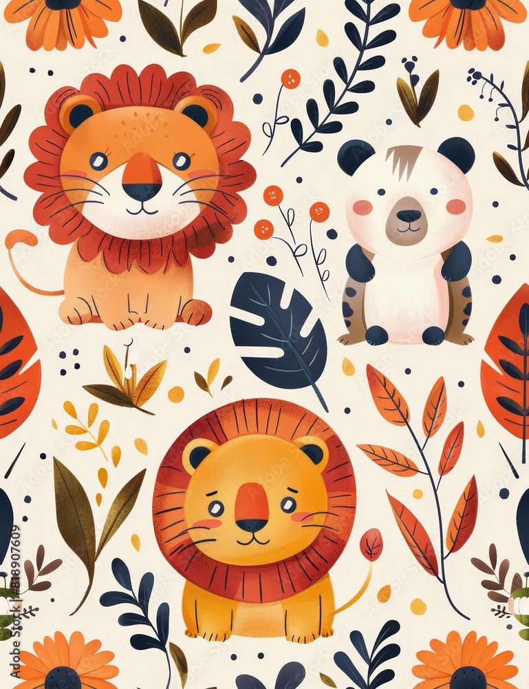 Cute cartoon lion and panda seamless pattern. Perfect for kids room decor, baby clothes, and more.