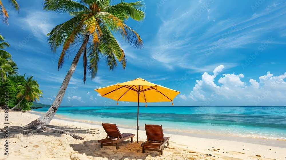 Two beach chairs under an umbrella on a sandy beach, with a turquoise ocean and palm trees in the background.