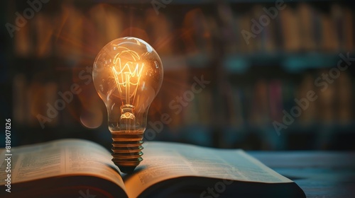 Light bulb on book pages learning concept side view Representing enlightenment and discovery futuristic 