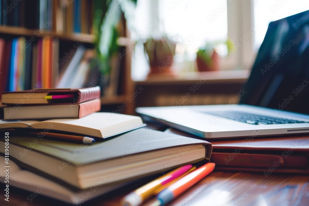 A laptop computer is placed on a wooden desk, ready for use in an online education or work setting. Generative AI A laptop computer is placed on a wooden desk, ready for use in an online education or work setting. Generative AI