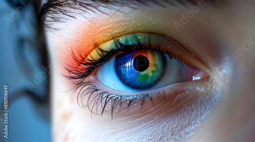 A close-up shot of a person's eye with a heart-shaped pupil reflected in it, wearing colorful contact lenses with the pride flag design. photo