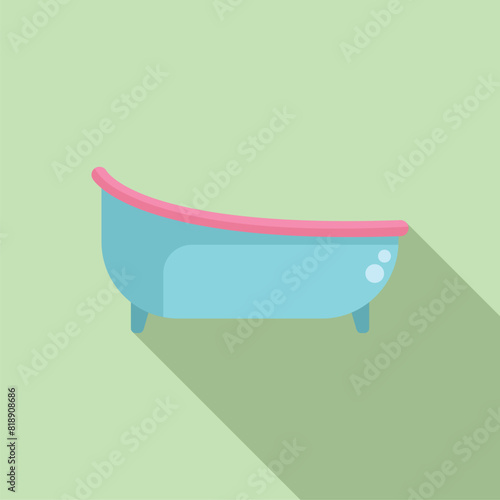 Minimalist flat design of a classic blue clawfoot bathtub with pink rim on a soft green pastel backdrop