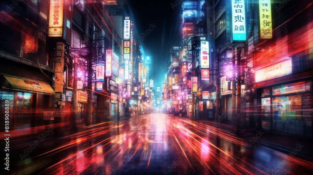 a busy street of a night city, a modern metropolis, lights and advertisements on skyscrapers, crowds of people, traffic on the road, street lights, blurred motion