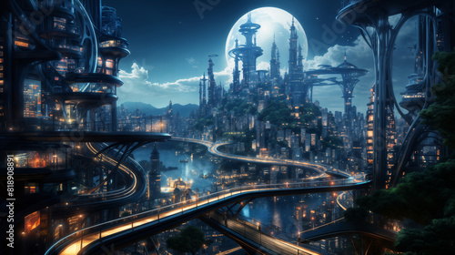 futuristic city streets in the late evening  building exteriors and bridges  roads and transport against the background of mountains and lakes  integration with nature