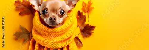 Little cute dog in a yellow scarf close-up on a yellow background with autumn leaves, portrait, copy space, no people