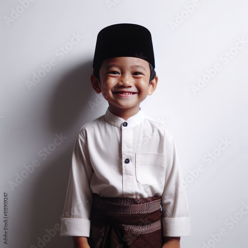 3D Character AI illustration of asian moslem Santri kids boys wearing peci kopiah sarung reading al quran with backpack going to school