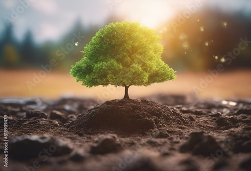 AI generated illustration of a tree sprouts from the earth amidst a forest backdrop