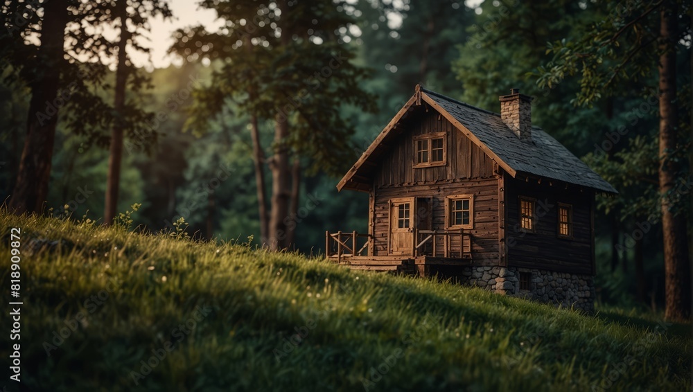 A wooden house sitting on top of a hill with trees and grass,.
