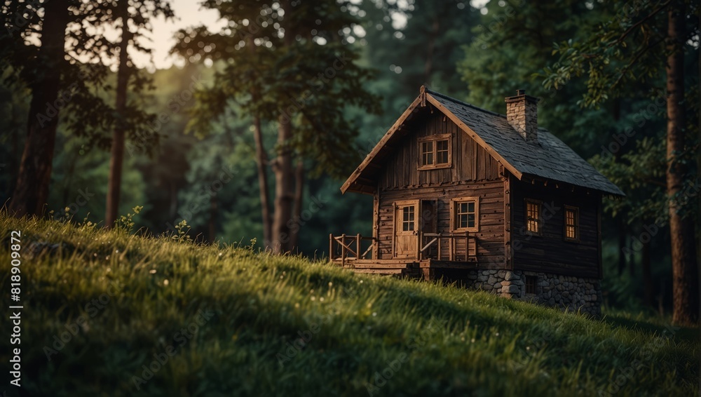 A wooden house sitting on top of a hill with trees and grass,. A wooden house sitting on top of a hill with trees and grass,.