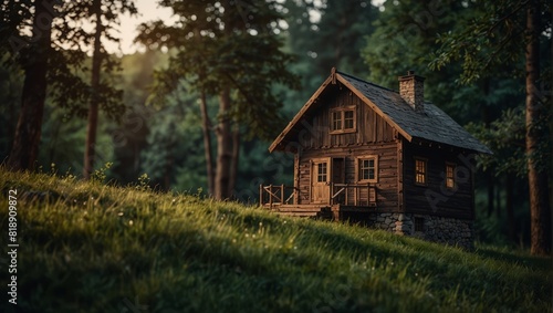 A wooden house sitting on top of a hill with trees and grass,. photo