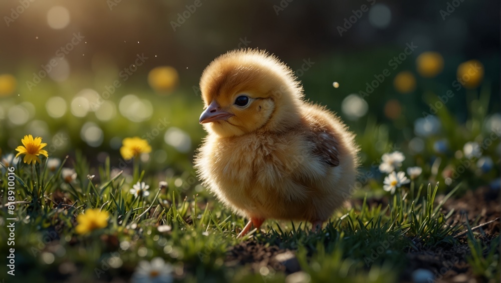 Adorable baby chick in a spring meadow. Generative. Adorable baby chick in a spring meadow. Generative.