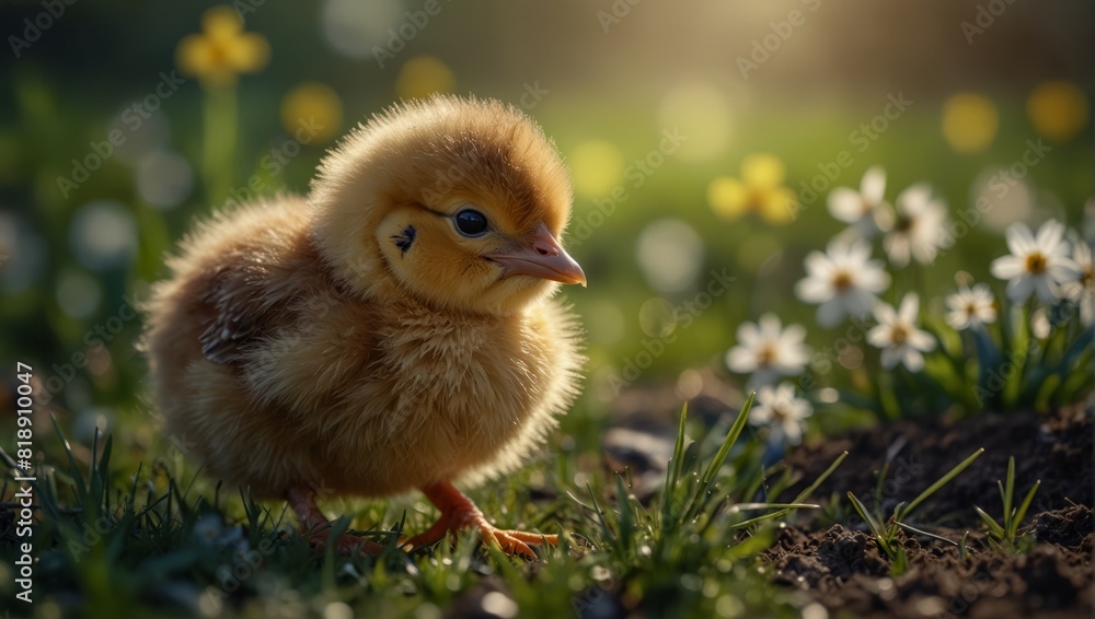 Adorable baby chick in a spring meadow. Generative.