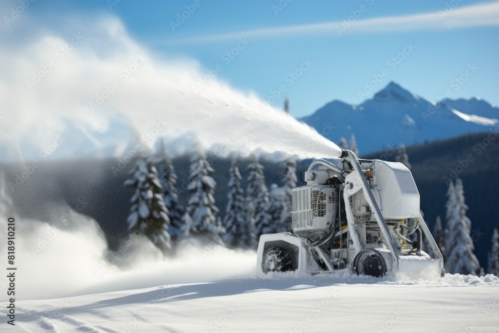 Obraz premium a snow gun creating snow on a ski slope 