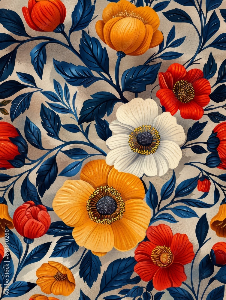 Retro floral pattern in blue, red, and orange. Retro floral pattern in blue, red, and orange.