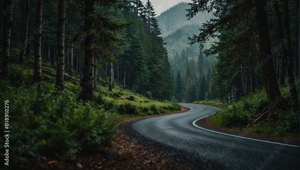A winding road in the mountains with a green forest on either side,. A winding road in the mountains with a green forest on either side,.