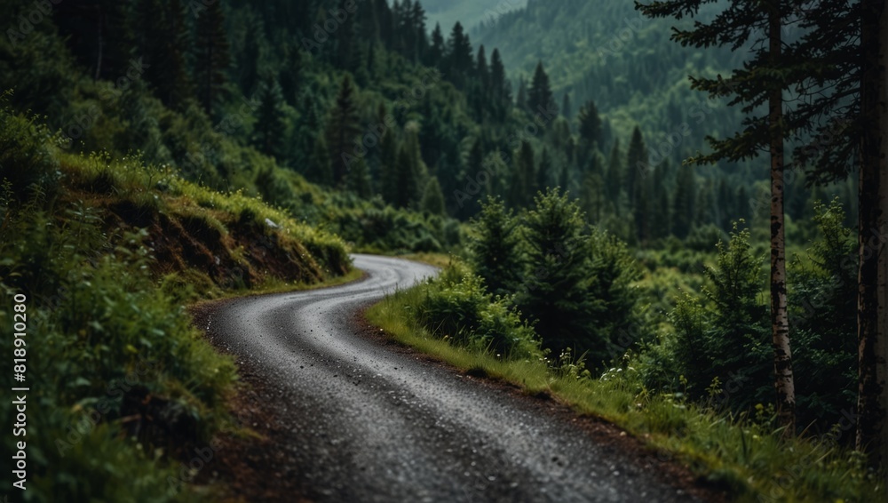 A winding road in the mountains with a green forest on either side,.