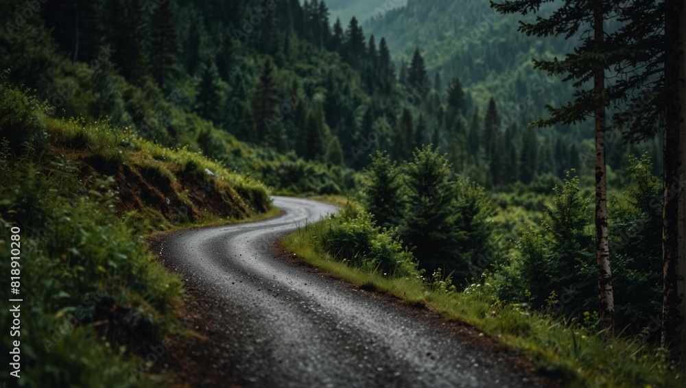 A winding road in the mountains with a green forest on either side,. A winding road in the mountains with a green forest on either side,.