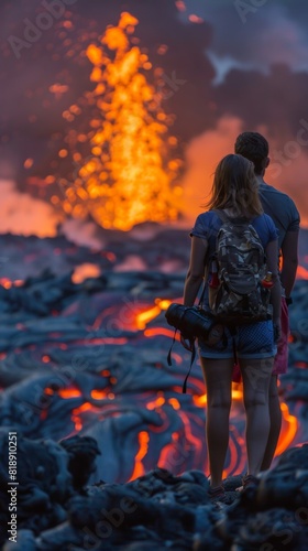 Couple watching a volcano erupt. The sky is lit up by the lava.