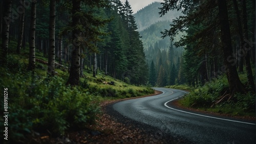 A winding road in the mountains with a green forest on either side .