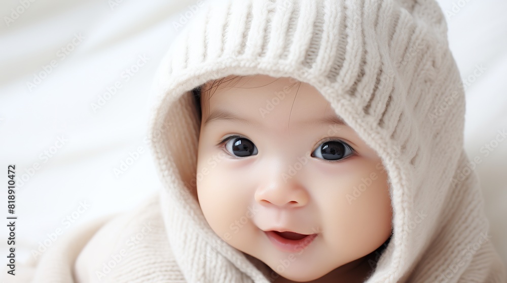 portrait of a cute smiling baby. Cute baby in bed on his stomach with his head up looking with his big eyes. Warm and soft beige clothing. Close up. portrait of a cute smiling baby. Cute baby in bed on his stomach with his head up looking with his big eyes. Warm and soft beige clothing. Close up.