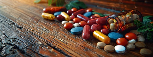  pills badi pills from medicinal herbs on a wooden background photo