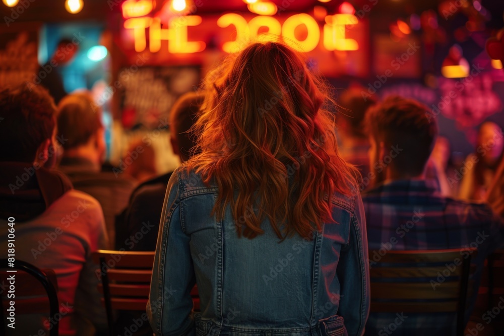 The image shows a crowded bar with a woman in the center wearing a denim jacket.