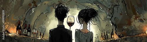 The photo shows a couple standing in a dark cellar. A man and a woman are drinking red wine. photo