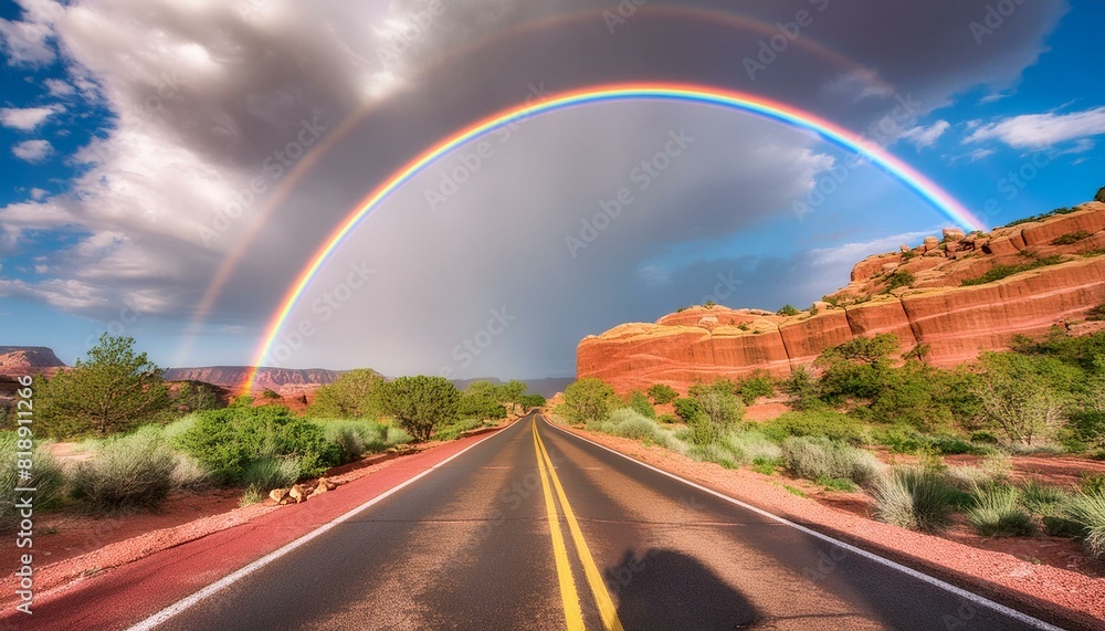rainbow over the road going through red rocks and desert on a clear summer day