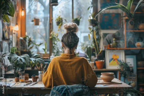 Young woman sitting at a table in a greenhouse, looking out at the rain. She is wearing a yellow sweater and has her hair in a bun. There are plants all around her.