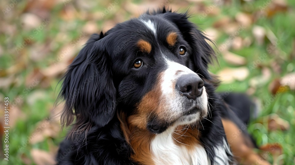 Bernese Mountain Dog Lying on Grass in Fall Bernese Mountain Dog Lying on Grass in Fall
