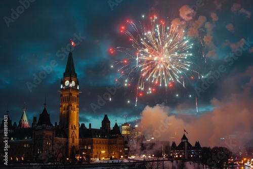 Canadian Parliament Hill in Ottawa, showcasing its details and architecture up close, with colorful fireworks behind it