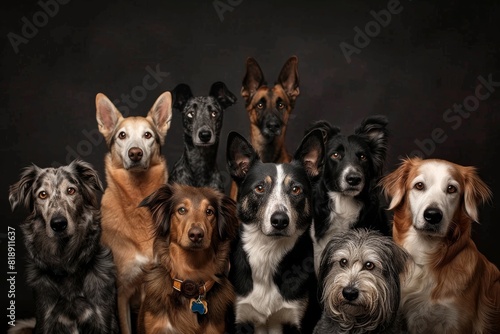 Gran grupo de perros diversos posando juntos en estudio oscuro, Retrato de familia de mascotas incluyendo Galgos y Collies, Composición fotográfica de varias razas caninas en ambiente elegante