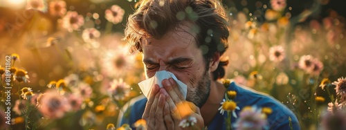  man sneezing into a napkin blowing her stuffed nosed caused by seasonal allergies standing outside in the field of blooming and flowers photo
