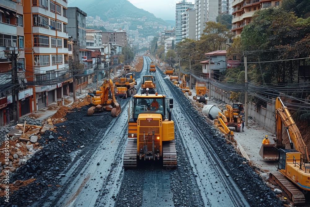 Obraz premium City Road Construction Site Workers and machinery at a city road construction site, addressing infrastructure development