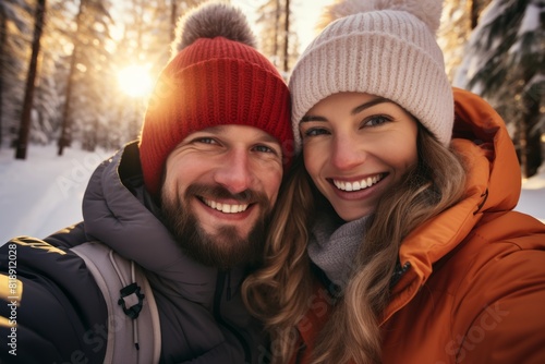 two happy couple in their 30s taking a selfie in a snowy forest on a bright morning with the sun low 