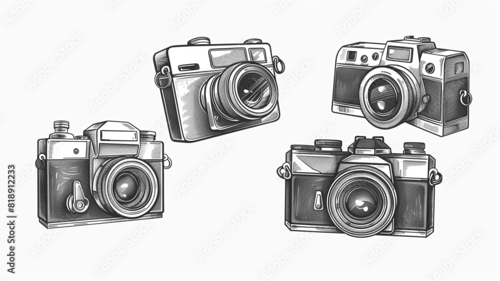 
Hand drawn retro camera. Vintage vector illustration in sketch engraving 3d avatrs set vector icon, white background, black colour icon