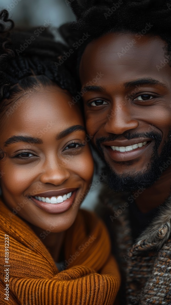 a black man and a black woman smiling in love. a black man and a black woman smiling in love.