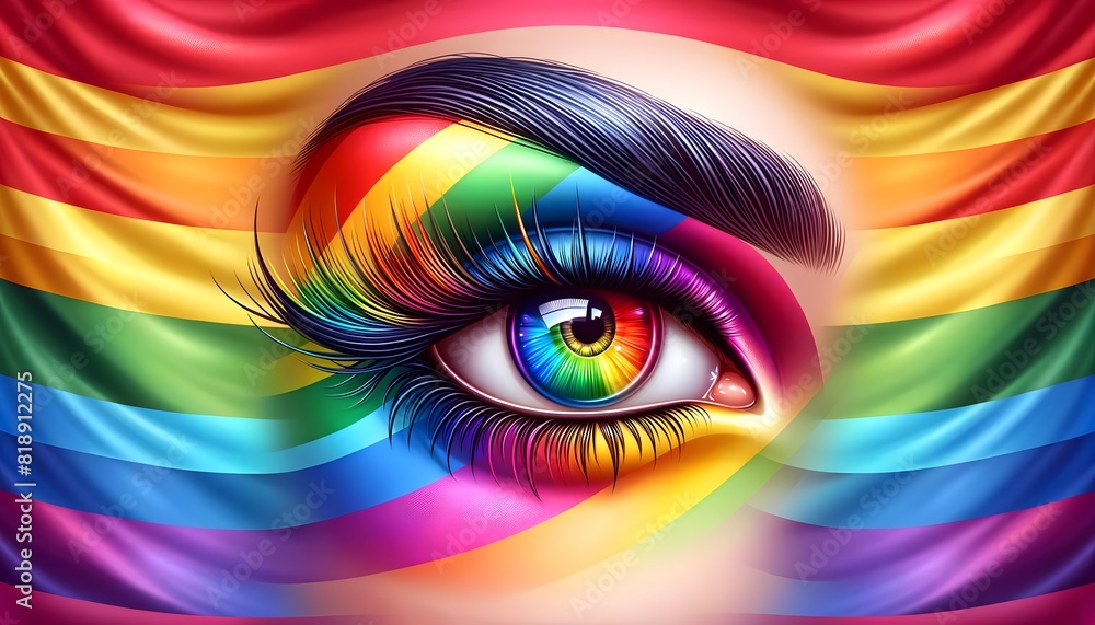 This image shows an eye with the iris colored like a rainbow. The eye ...