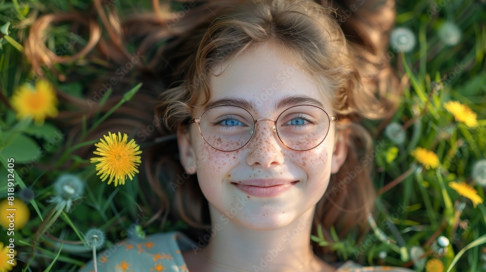 smiling girl in glasses lies on green grass and dandelion flowers smiling girl in glasses lies on green grass and dandelion flowers