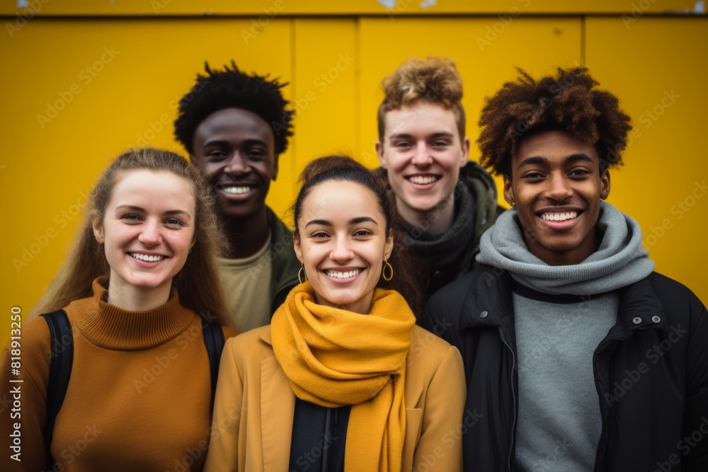 a group of young people in their 20s of different races on the street with a yellow wall in the background a group of young people in their 20s of different races on the street with a yellow wall in the background