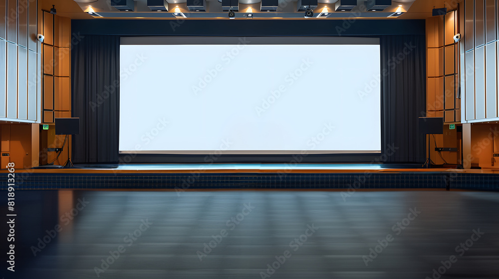college students in a large auditorium, two students are on a stage with a podium, large white screen behind, 