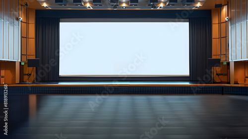 college students in a large auditorium, two students are on a stage with a podium, large white screen behind, 