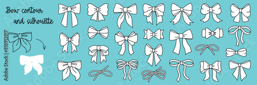 Set of simple white decorative holiday ribbon bows for gifts, to decorate hair. Bow outline and silhouette for gift wrapping for birthday, Christmas, New Year. Isolated Flat Vector EPS10