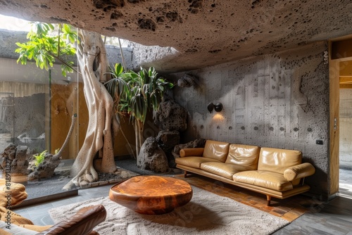 Árbol creciendo dentro de un salón de casa cueva, Arquitectura eco-friendly: Naturaleza integrada en el interior del hogar, Diseño de vivienda subterránea con tragaluz natural y vegetación