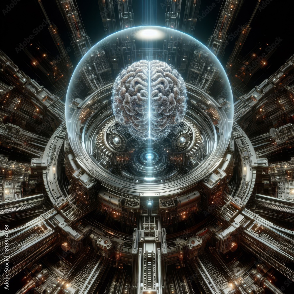 Fototapeta premium An artistic rendering of a human brain encased in a glass sphere within a futuristic technological environment.. AI Generation