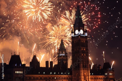 Close up of Parliament Hill in Ottawa on Canada Day with colourful fireworks