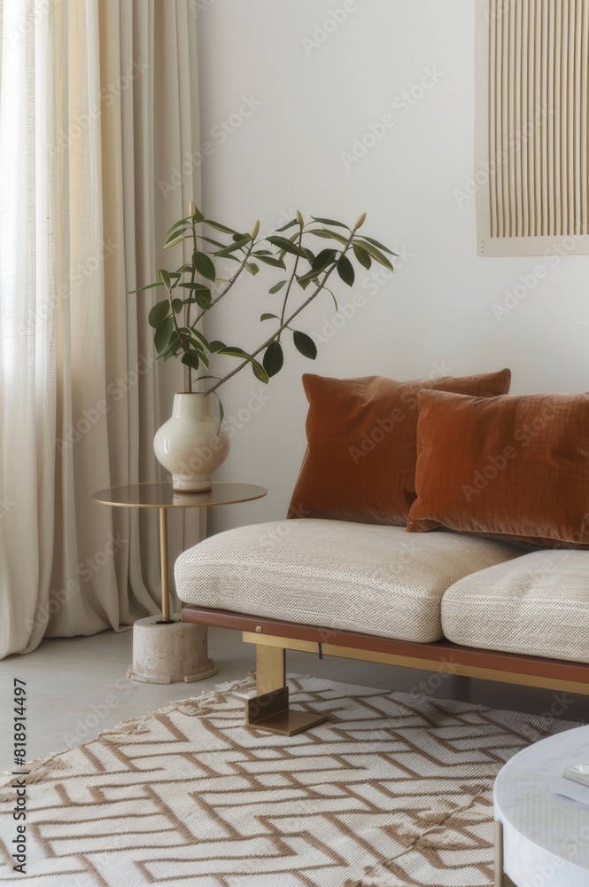 Fototapeta premium Salón moderno con sofá beige y cojines de terciopelo color óxido, Alfombra con patrón geométrico en sala de estar contemporánea, Espacio habitable confortable con tonos tierra y texturas ricas
