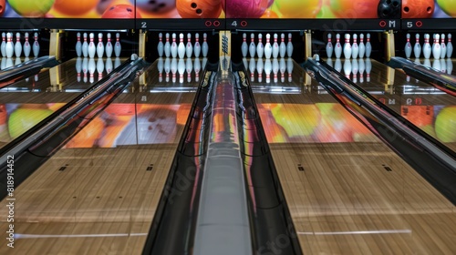 A vibrant image of a bowling alley with lanes, balls lined up, and a clear view of the pins awaiting players