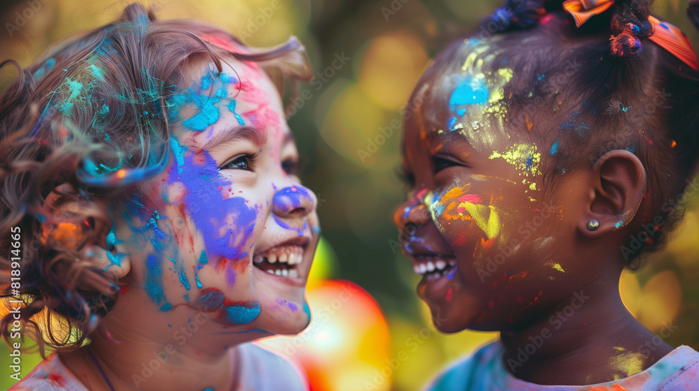 Close-up of 2 black and white girls in diversity skin color and nationality are playing body paint in colorful colors on outdoor playground background. Background for back to school season. Close-up of 2 black and white girls in diversity skin color and nationality are playing body paint in colorful colors on outdoor playground background. Background for back to school season.